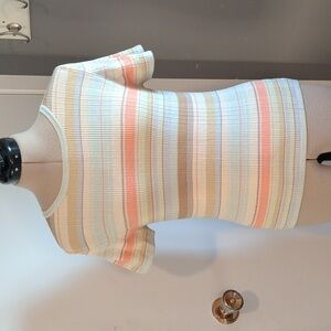 Vintage • Silk Blend Pastel Striped Ribbed Neck Short Sleeve Knit Baby Tee • M